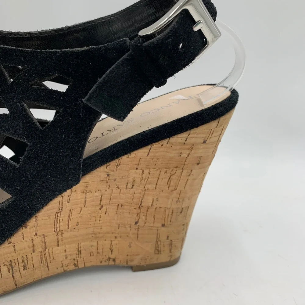 Franco Sarto Black Suede‎ Sandal Cage Wedge Platform Chunky Strappy Sassy Sz 10M